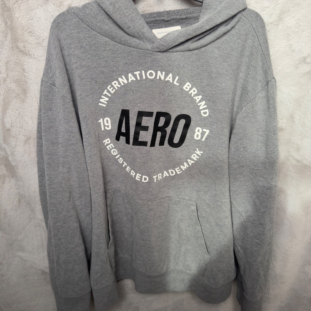 Aeropostale Y2K Gray Logo Hoodie AERO 1987 Pullover Sweatshirt Men's 2XL